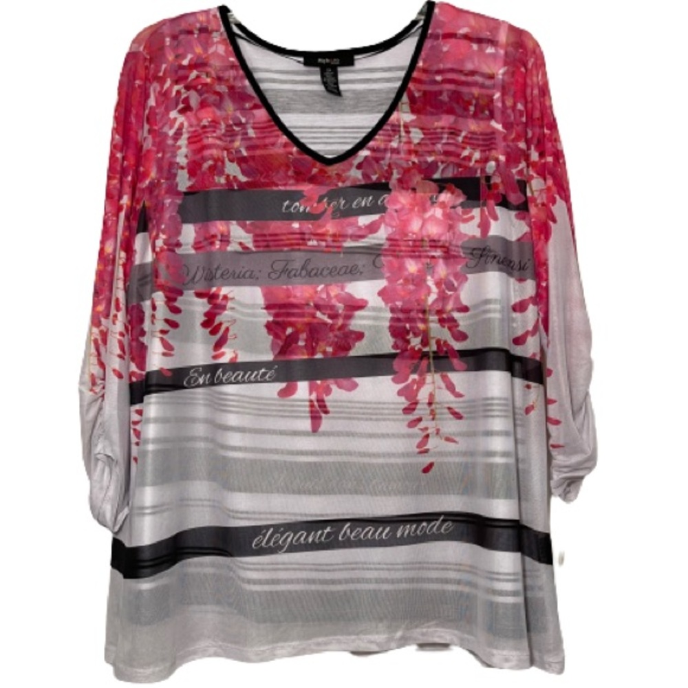 STYLE & CO Macy's Pink Flower White Mesh Stripe Blouse Tank Top Plus Sz …